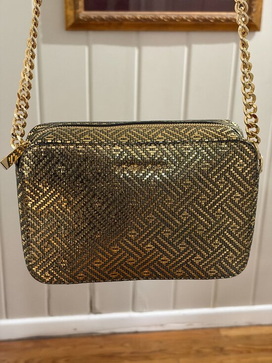 Michael Kors Handbags - MICHAEL KORS GINNY CAMERA BAG METALLIC GOLD WOVEN CROSSBODY